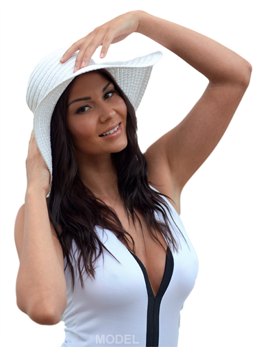 Hispanic Woman in white beach hat.